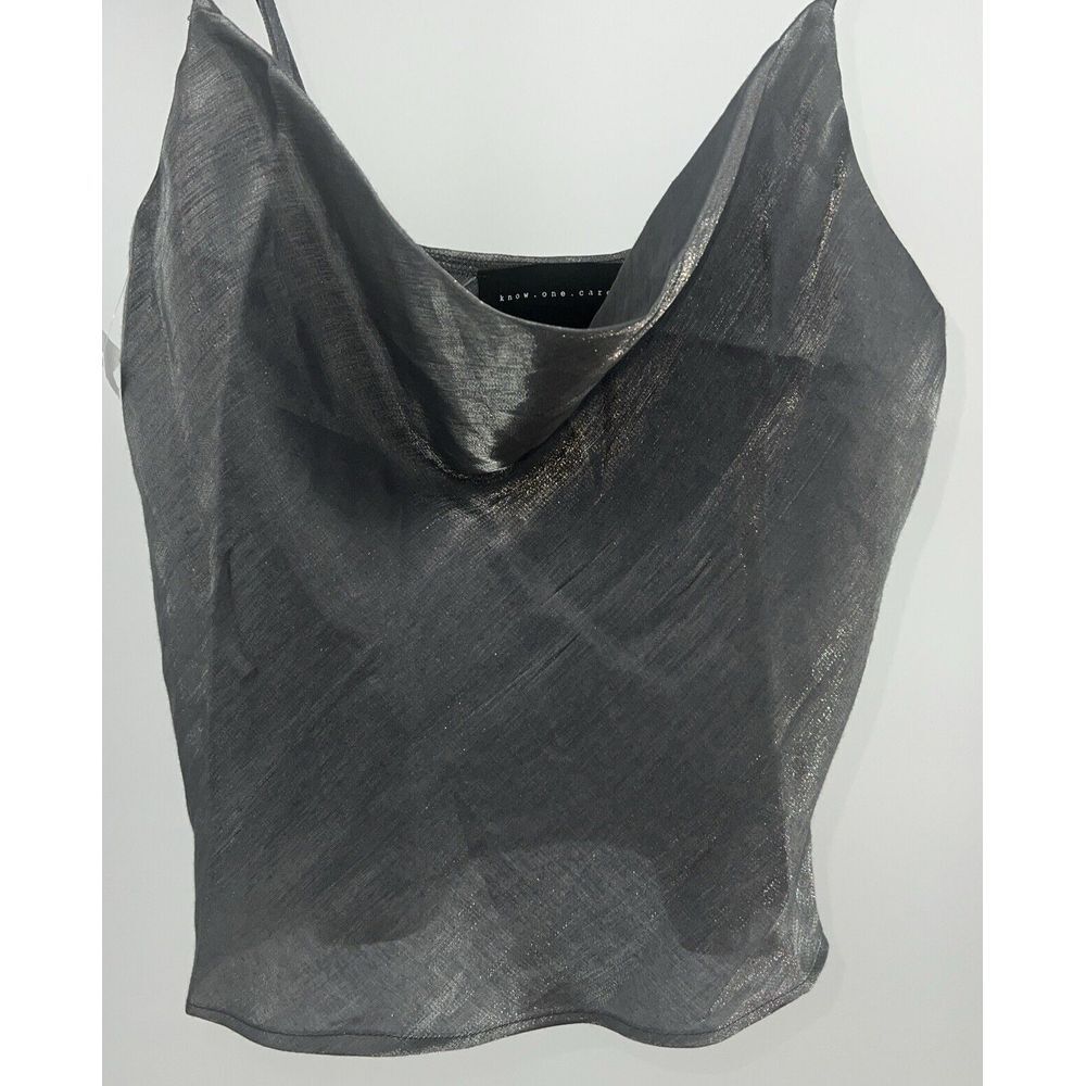Women's Metallic Silver Large KNOW ONE CARES Cowl Neck Crop Camisole